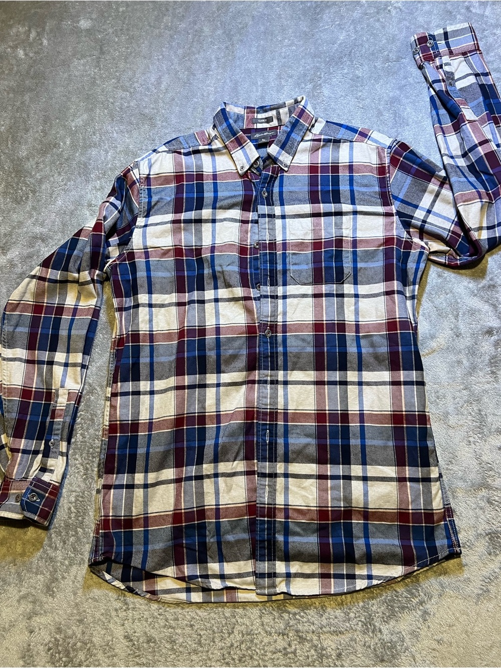 Eddie Bauer Men's Blue, White & Burgundy Plaid Button-Down Shirt